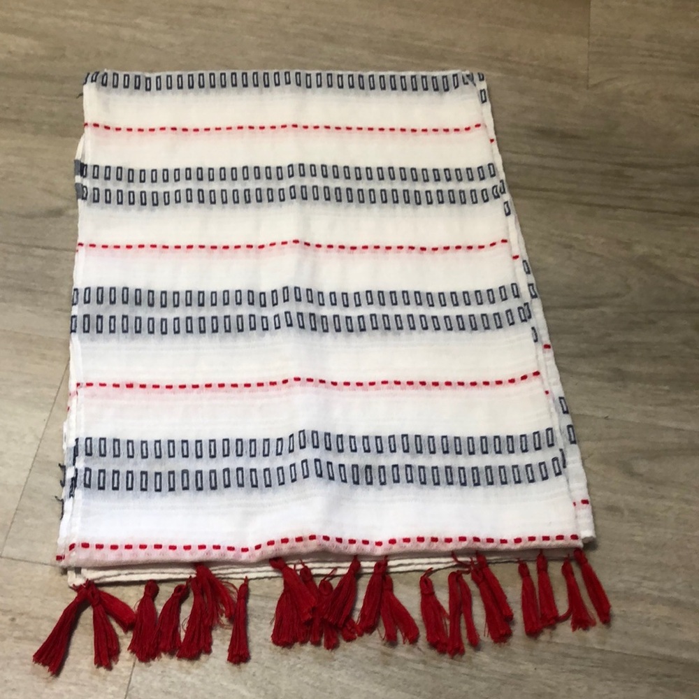 White Scarf with Red and Blue Stripes